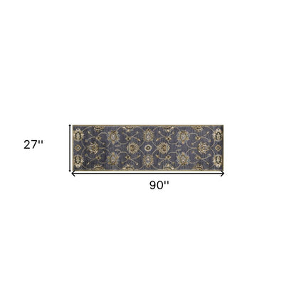 7' Dark Gray Green And Brown Wool Floral Hand Tufted Runner Rug
