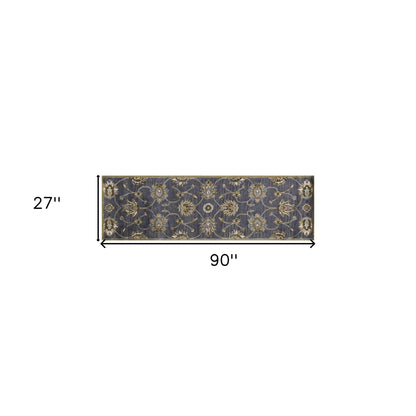 7' Dark Gray Green And Brown Wool Floral Hand Tufted Runner Rug
