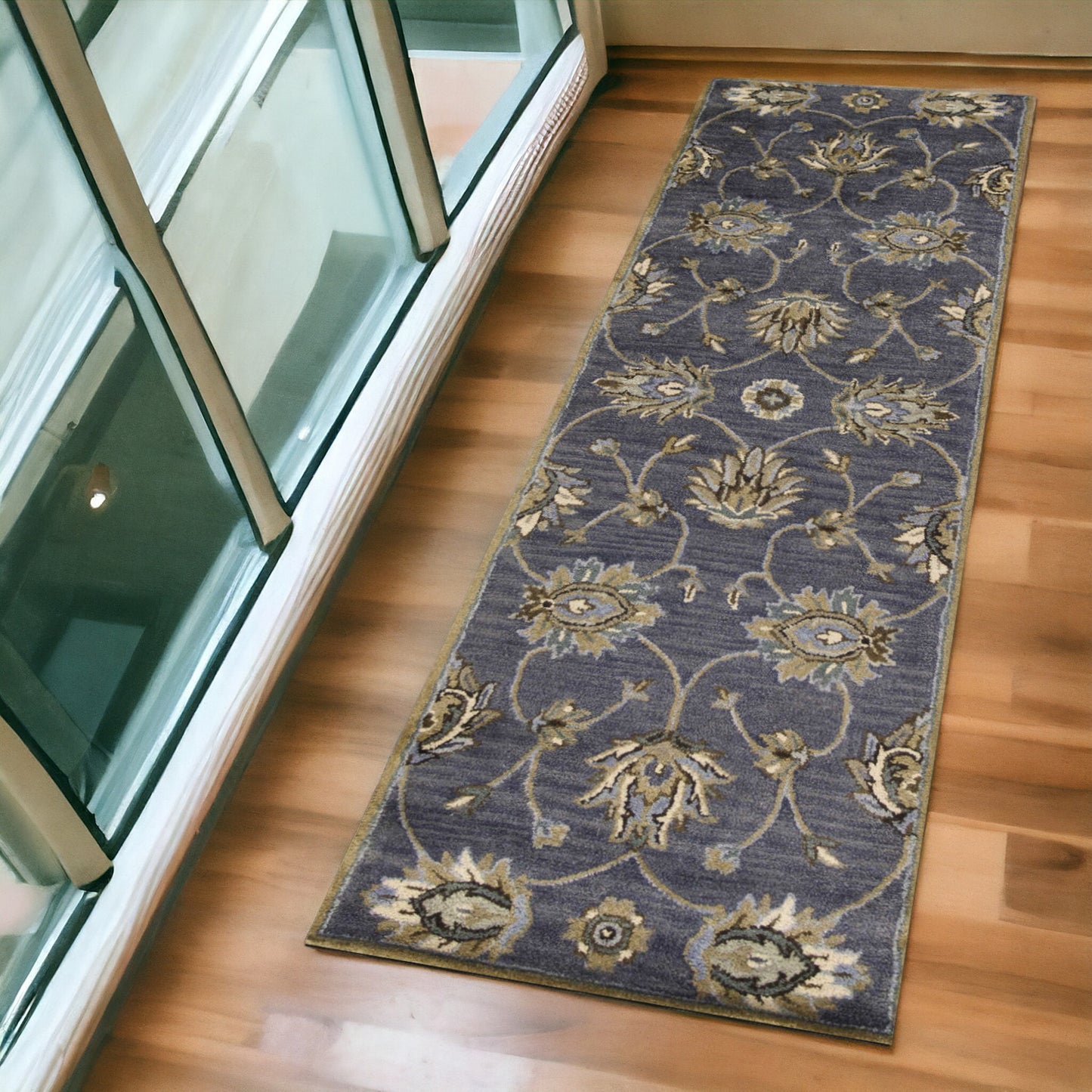 8' X 11' Midnight Blue Hand Tufted Traditional Floral Indoor Area Rug