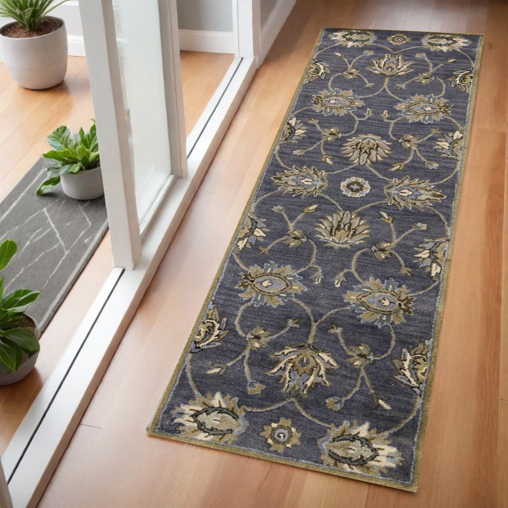 7' Dark Gray Green And Brown Wool Floral Hand Tufted Runner Rug