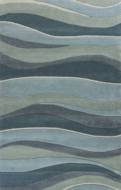 8' Ocean Blue Teal Hand Tufted Abstract Waves Indoor Runner Rug