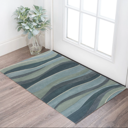 8' Ocean Blue Teal Hand Tufted Abstract Waves Indoor Runner Rug
