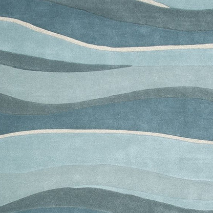 8' Ocean Blue Teal Hand Tufted Abstract Waves Indoor Runner Rug