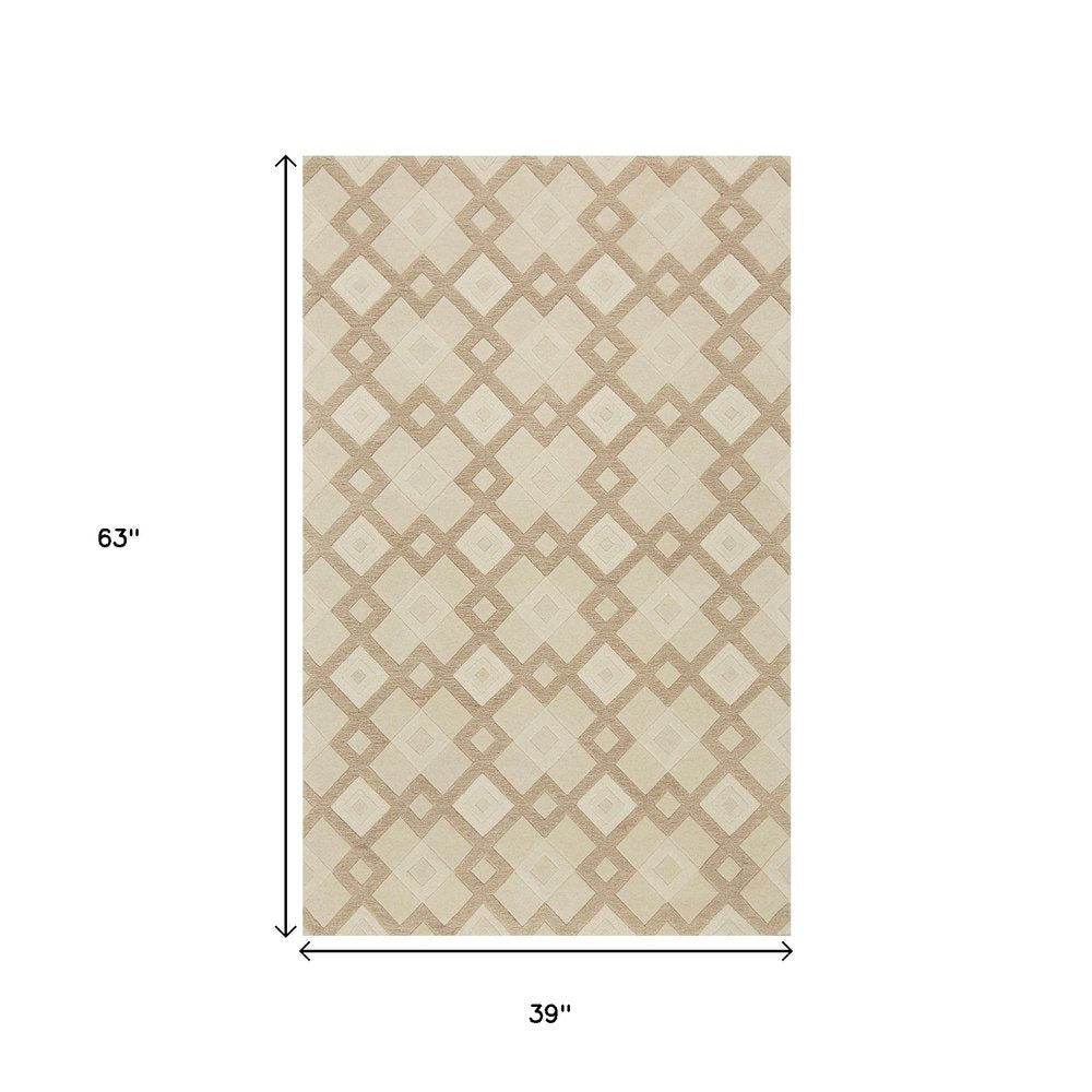 5' X 8' Ivory And Brown Wool Geometric Hand Tufted Area Rug