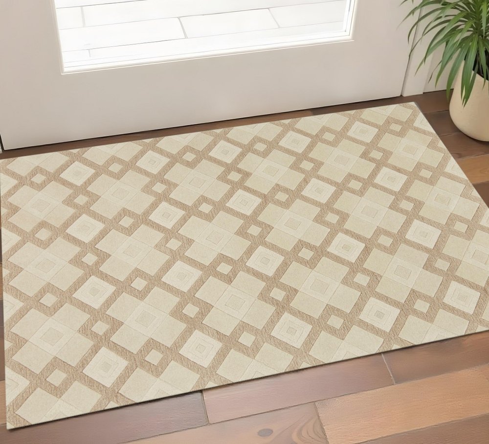 8' X 11' Ivory And Brown Wool Geometric Hand Tufted Area Rug