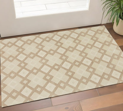 5' X 8' Ivory And Brown Wool Geometric Hand Tufted Area Rug