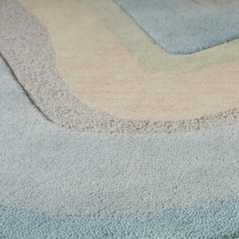 8' Blue Beige And Green Wool Abstract Hand Tufted Runner Rug