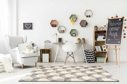 5' X 8' Ivory Gray And Cream Wool Geometric Hand Tufted Area Rug