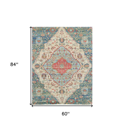 5' X 7' Blue Beige And Brick Red Jute Medallion Hand Woven Distressed Area Rug