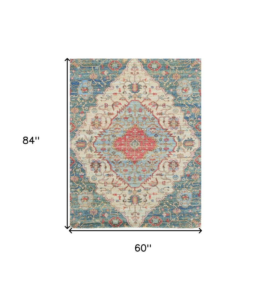 5' X 7' Blue Beige And Brick Red Jute Medallion Hand Woven Distressed Area Rug