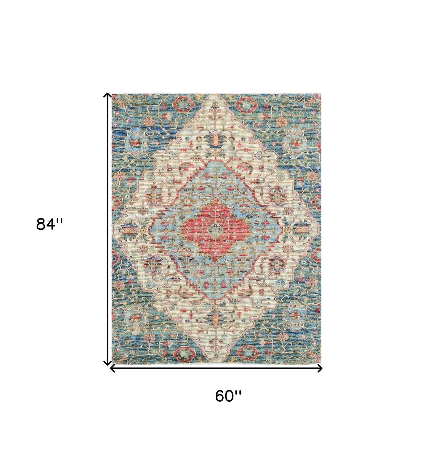 5' X 7' Blue Beige And Brick Red Jute Medallion Hand Woven Distressed Area Rug