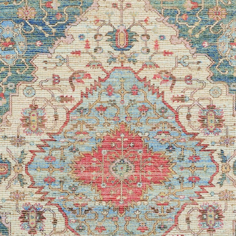 5' X 7' Blue Beige And Brick Red Jute Medallion Hand Woven Distressed Area Rug
