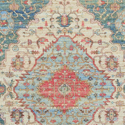 5' X 7' Blue Beige And Brick Red Jute Medallion Hand Woven Distressed Area Rug