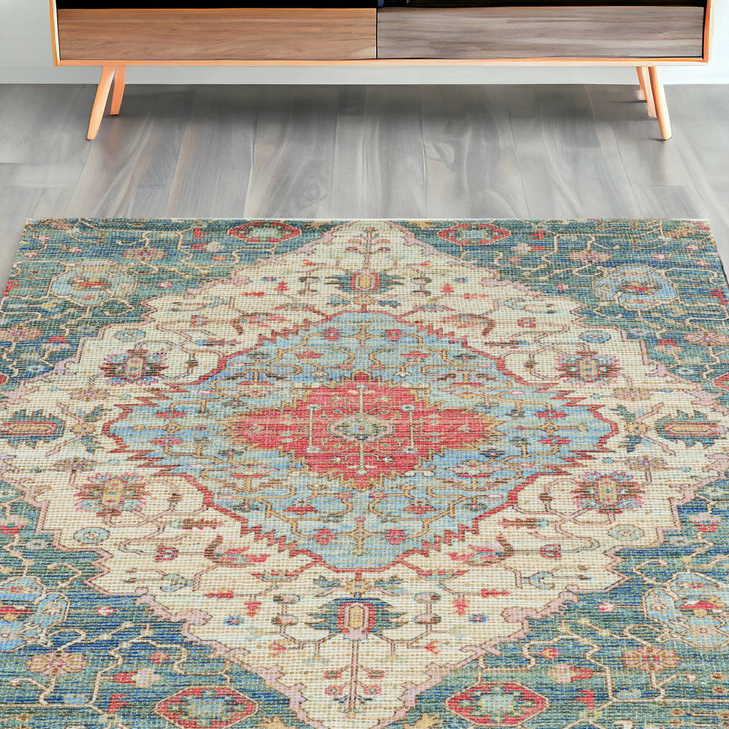 7' X 12' Blue and Red Medallion Handmade Area Rug