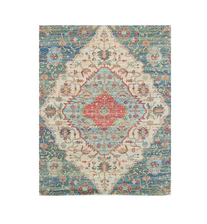 5' X 7' Blue Beige And Brick Red Jute Medallion Hand Woven Distressed Area Rug