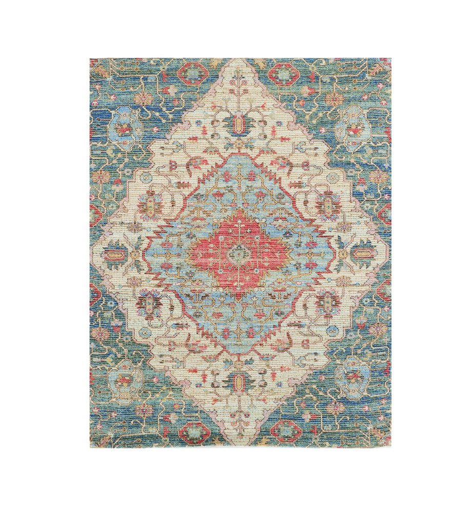 5' X 7' Blue Beige And Brick Red Jute Medallion Hand Woven Distressed Area Rug