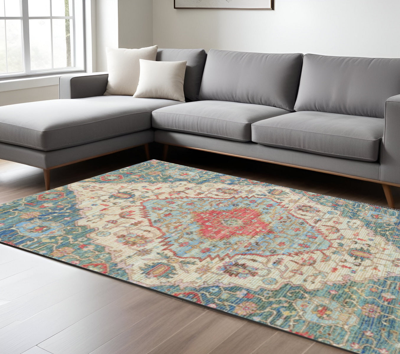 5' X 7' Blue Beige And Brick Red Jute Medallion Hand Woven Distressed Area Rug