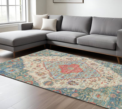 5' X 7' Blue Beige And Brick Red Jute Medallion Hand Woven Distressed Area Rug