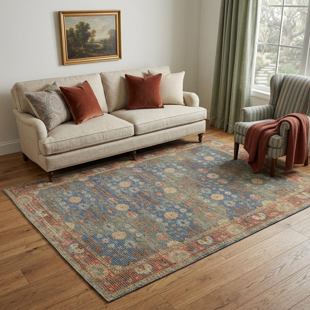 5' X 7' Blue Red And Beige Floral Medallion Hand Woven Distressed Area Rug