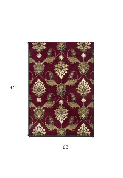 9' X 13' Red Beige And Brown Floral Vines Area Rug