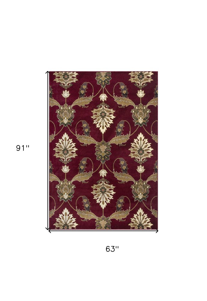 9' X 13' Red Beige And Brown Floral Vines Area Rug