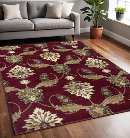 9' X 13' Red Beige And Brown Floral Vines Area Rug