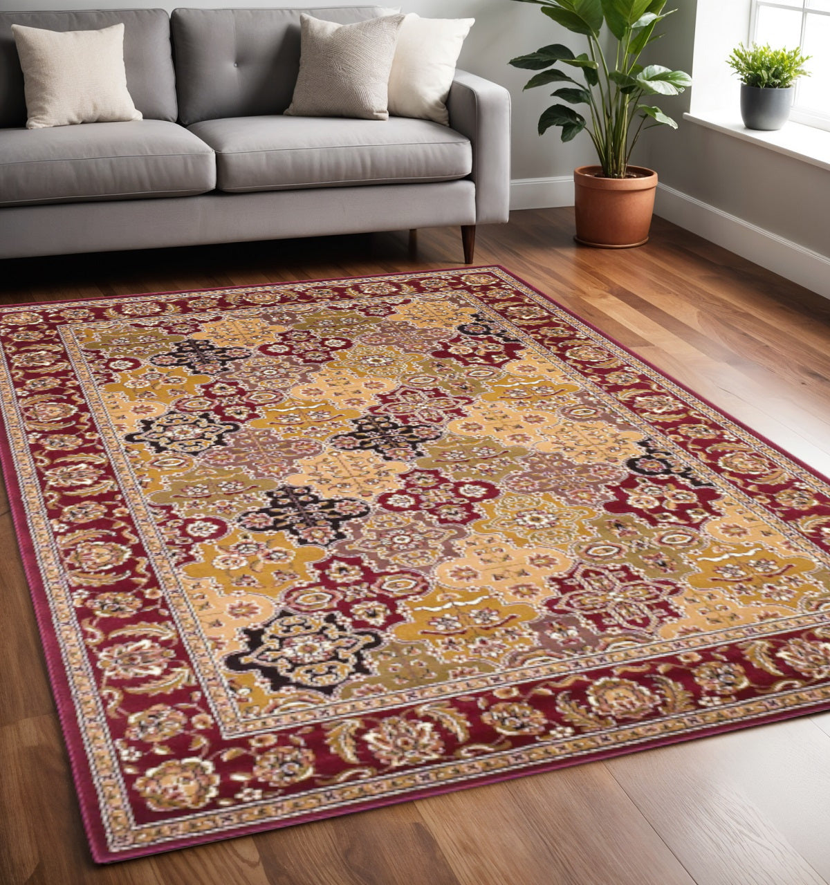 7' Red Orange And Black Quatrefoil Octagon Rug