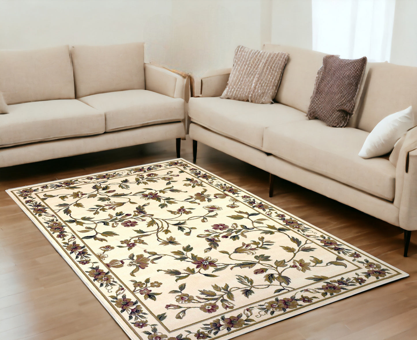 10' X 13' Ivory Machine Woven Floral Vines Indoor Area Rug