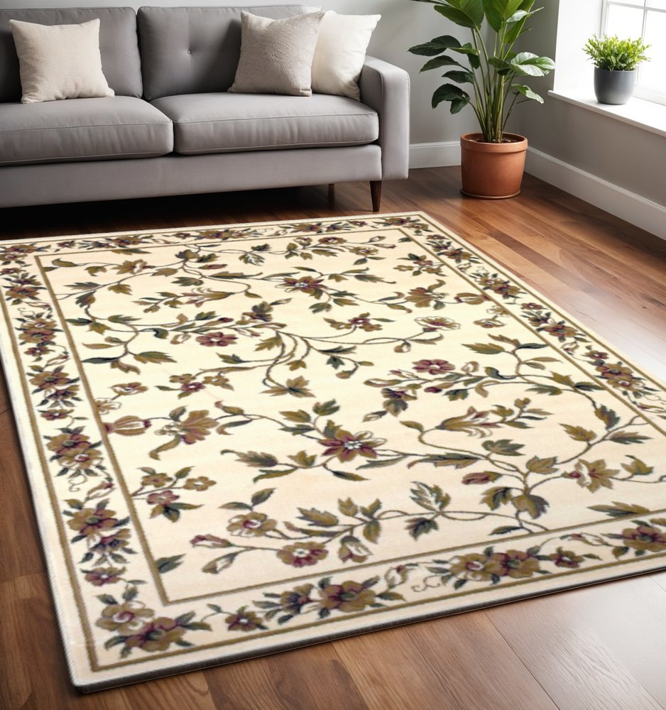 2' X 3' Ivory Green And Red Floral Vines Area Rug