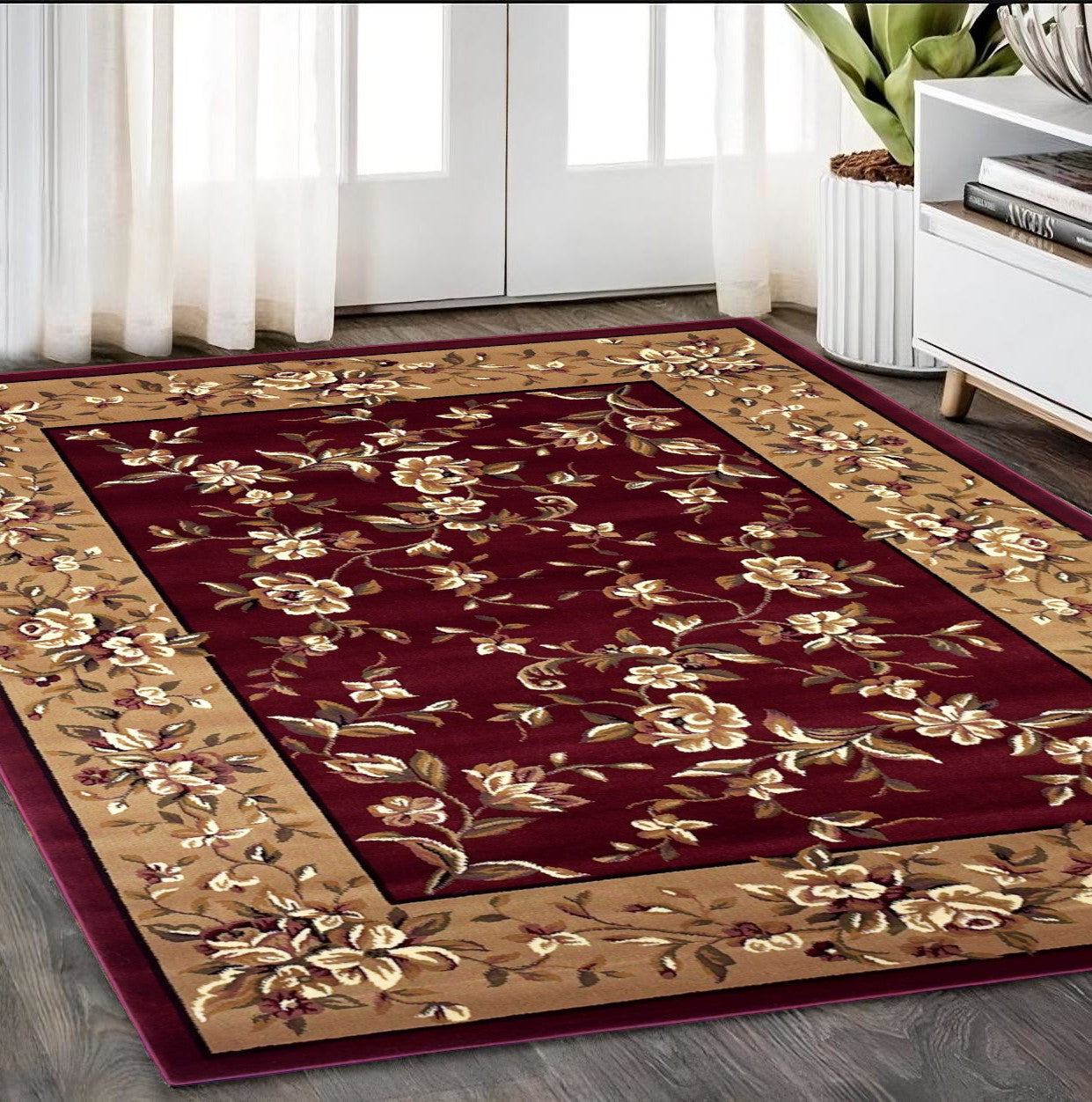 Red And Beige Octagon Floral Vines Area Rug