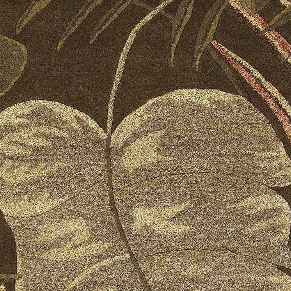 7' Brown And Beige Wool Botanical Leaves Hand Tufted Round Rug