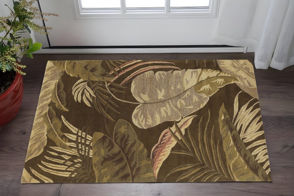 7' Brown And Beige Wool Botanical Leaves Hand Tufted Round Rug