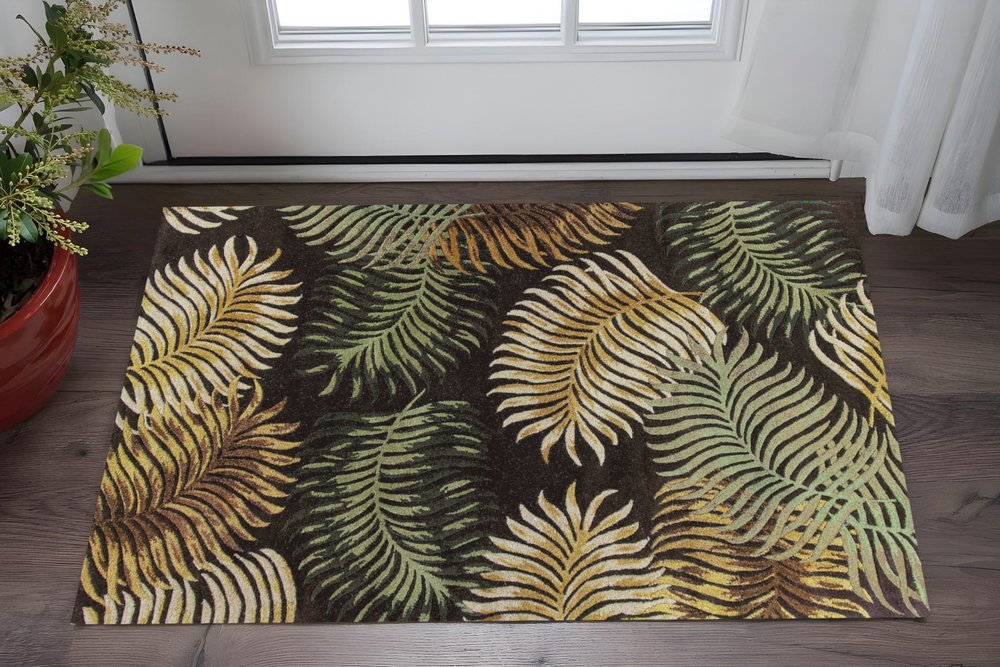 7' Espresso Beige And Green Wool Botanical Leaves Hand Tufted Round Rug