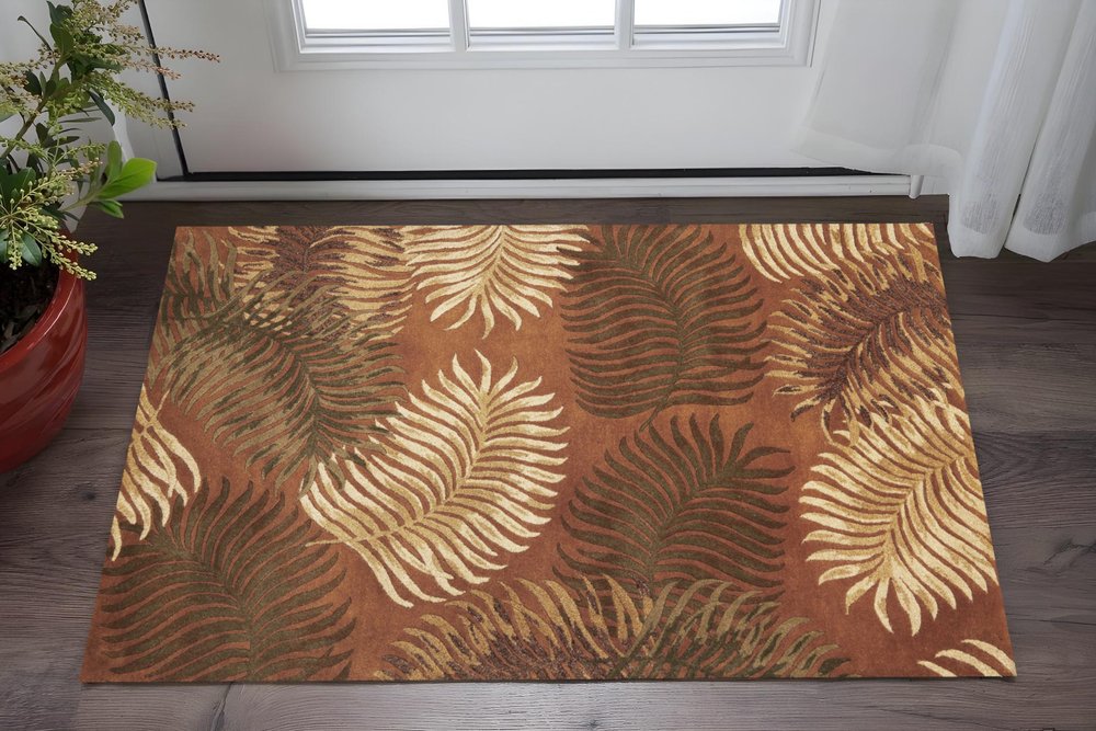 5' X 8' Rust Orange And Green Wool Botanical Leaves Hand Tufted Area Rug