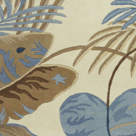 3' X 5' Ivory Blue And Brown Wool Tropical Botanical Hand Tufted Area Rug