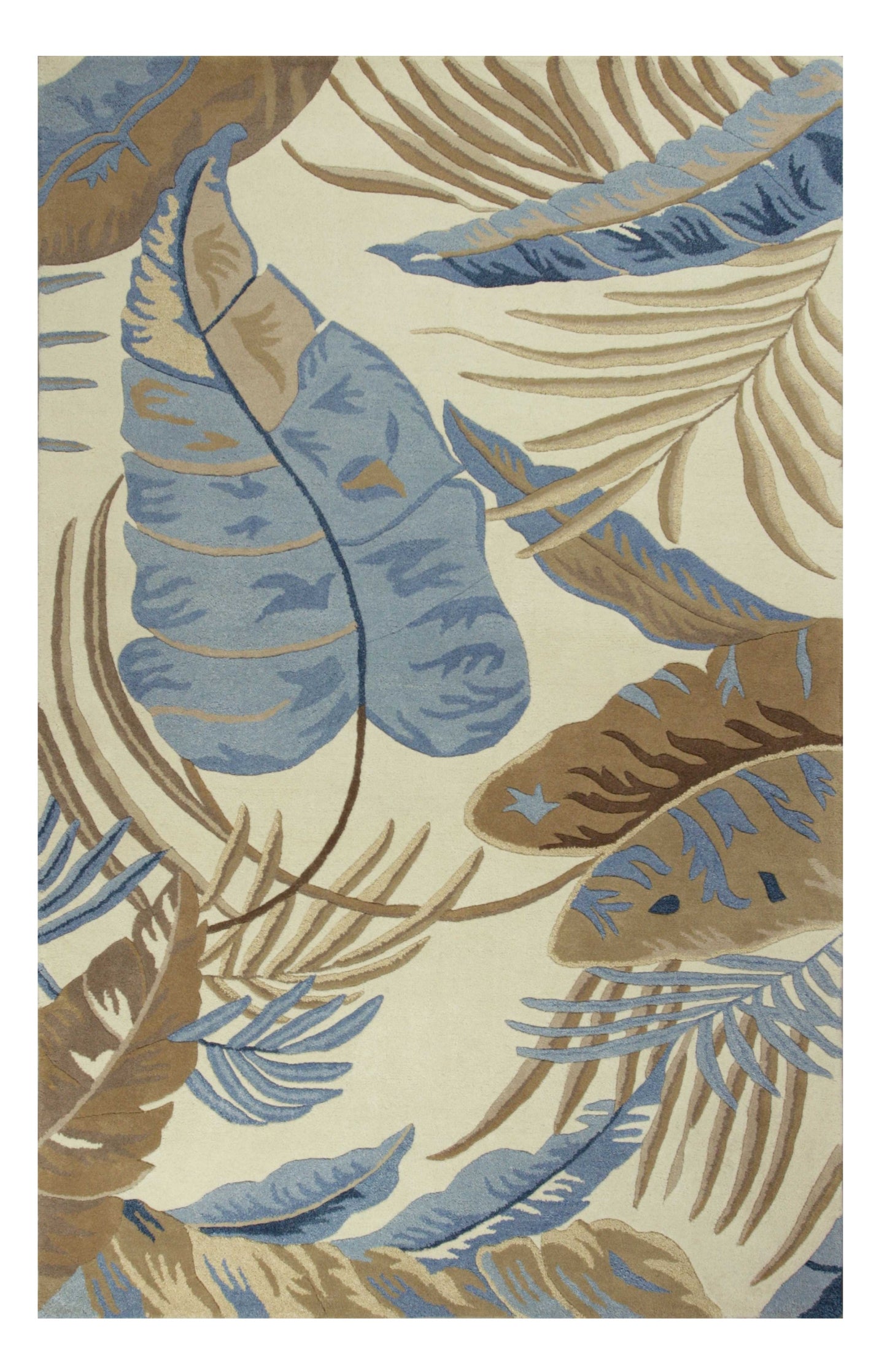 5' X 8' Ivory and Blue Wool Tropical Botanical Hand Tufted Area Rug