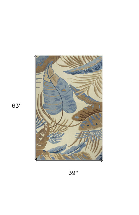 2' X 4' Ivory and Blue Wool Tropical Botanical Hand Tufted Area Rug