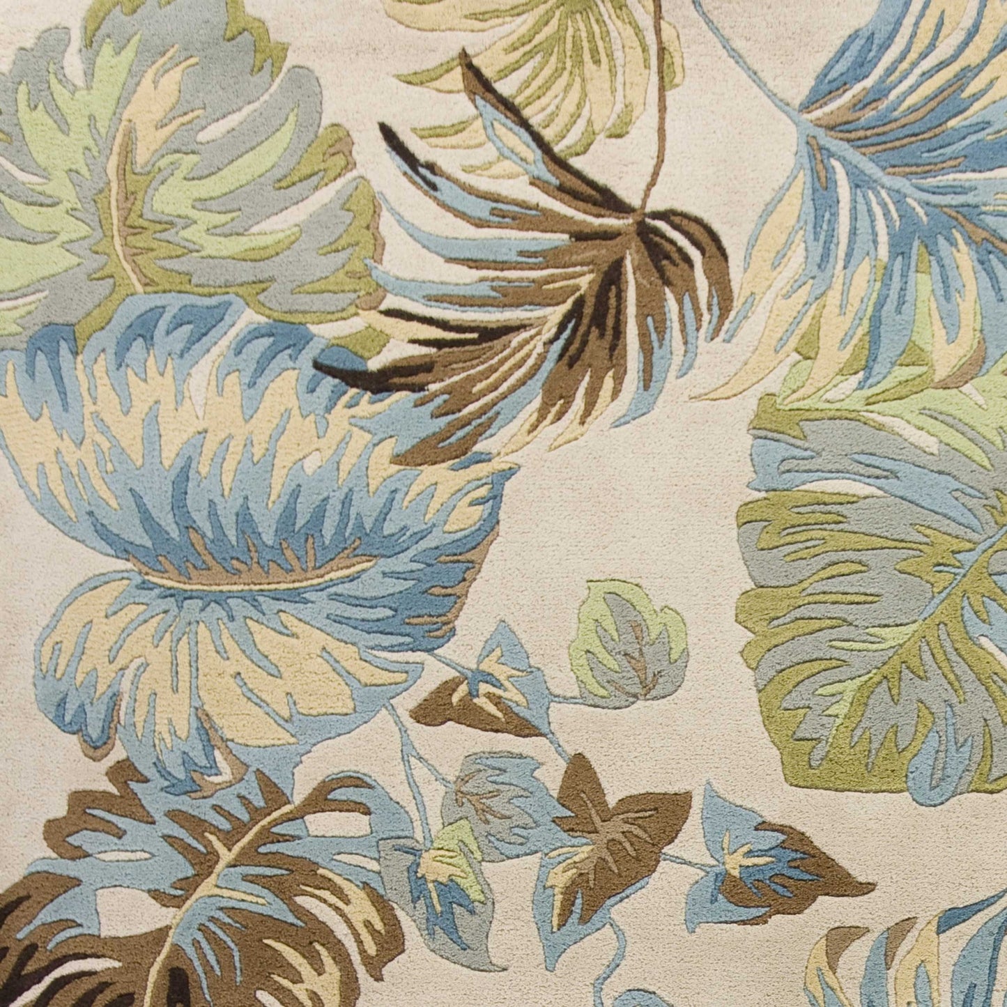 8' Ivory Blue Hand Tufted Tropical Leaves Indoor Runner Rug