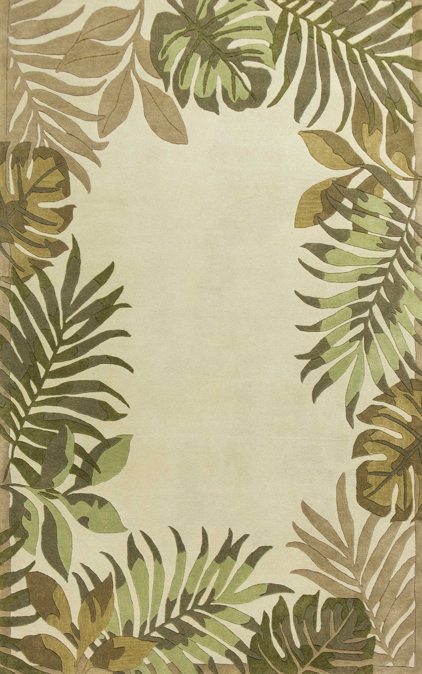 5' X 8' Ivory Hand Tufted Bordered Tropical Leaves Indoor Area Rug