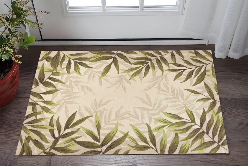 5' X 8' Ivory And Green Wool Botanical Leaves Hand Tufted Area Rug