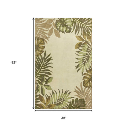 5' X 8' Ivory And Green Wool Botanical Leaves Hand Tufted Area Rug