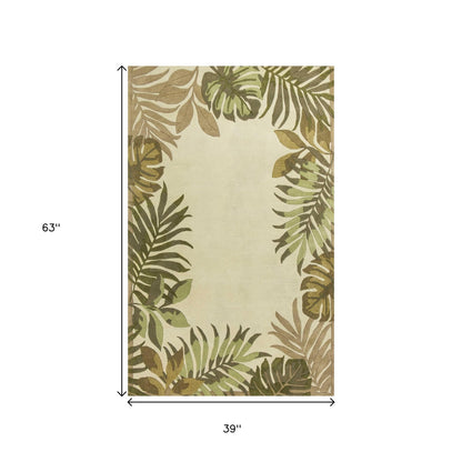 5' X 8' Ivory And Green Wool Botanical Leaves Hand Tufted Area Rug