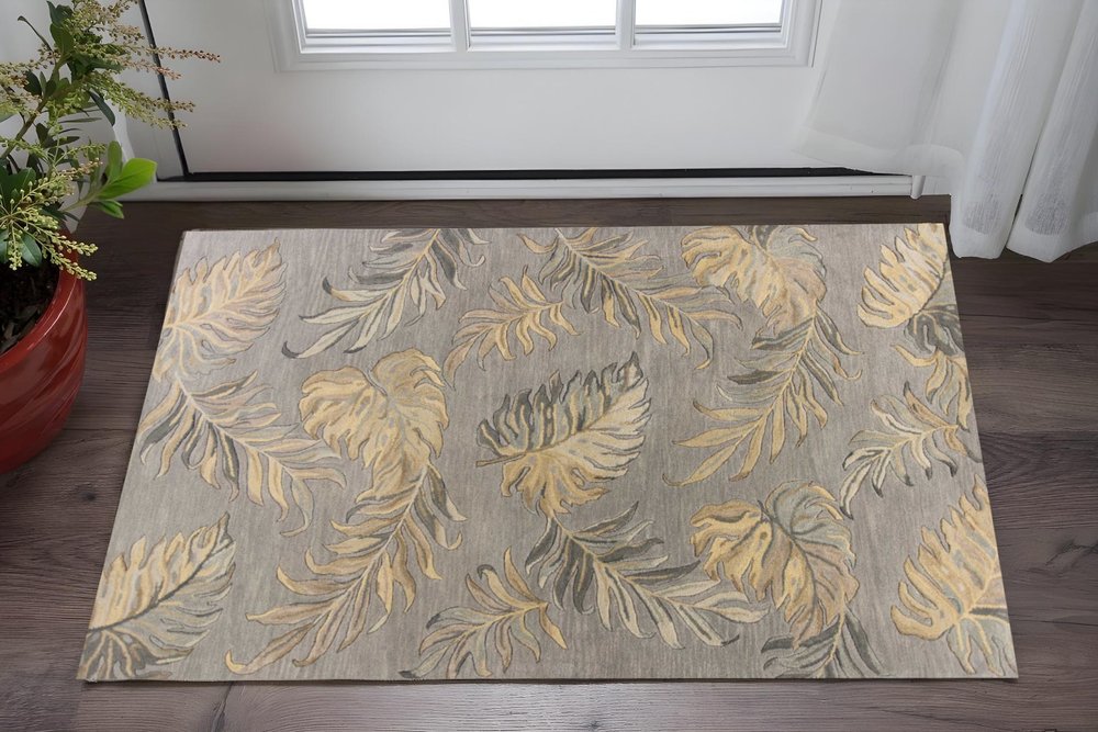 3' X 5' Gray And Taupe Wool Botanical Leaves Hand Tufted Area Rug