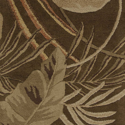 7' Brown And Beige Wool Botanical Leaves Hand Tufted Round Rug