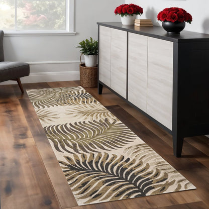 2' X 4' Natural Green And Brown Wool Botanical Leaves Hand Tufted Area Rug