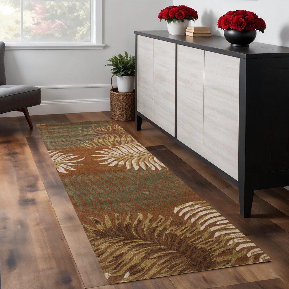 5' X 8' Rust Orange And Green Wool Botanical Leaves Hand Tufted Area Rug