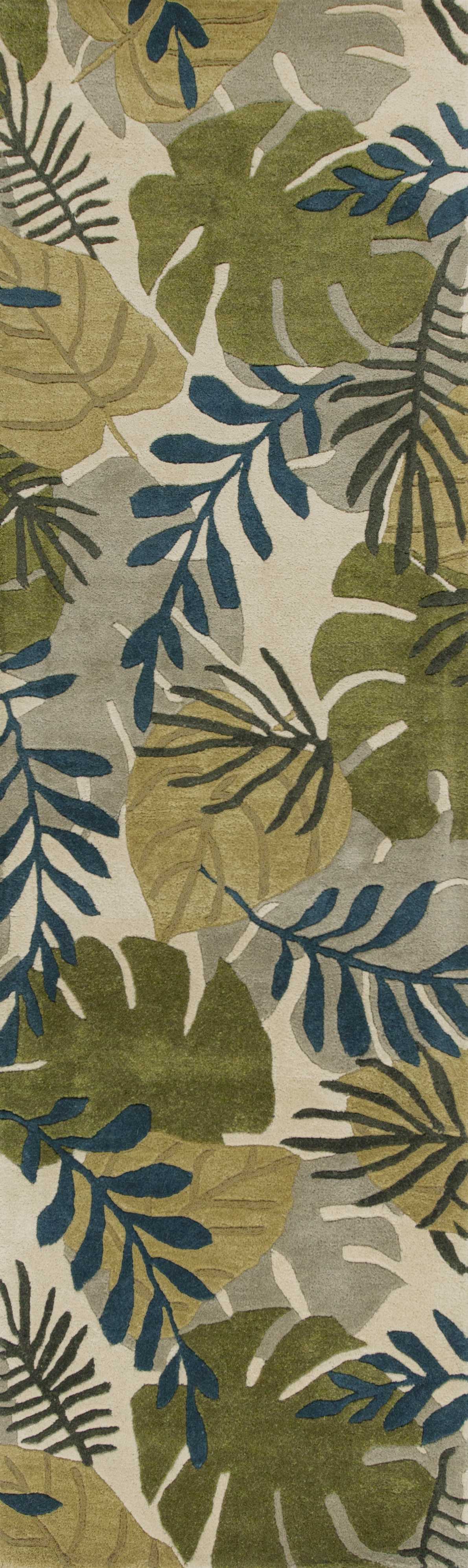 5' X 8' Ivory Green And Blue Wool Botanical Leaves Hand Tufted Area Rug