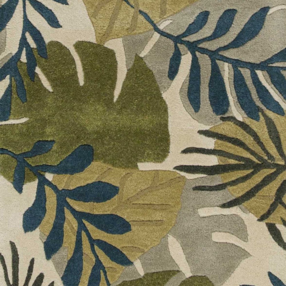 5' X 8' Ivory Green And Blue Wool Botanical Leaves Hand Tufted Area Rug