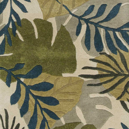 5' X 8' Ivory Green And Blue Wool Botanical Leaves Hand Tufted Area Rug