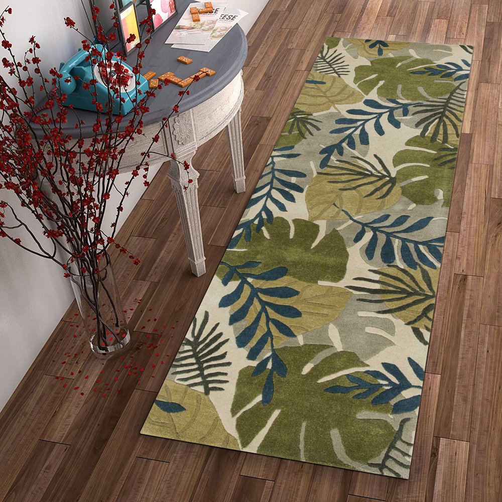 5' X 8' Ivory Green And Blue Wool Botanical Leaves Hand Tufted Area Rug